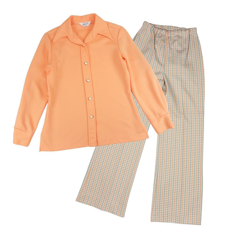 VTG 70s Bogart of Texas 2 Piece Pant Set Women Small Peach Houndstooth Wide Leg